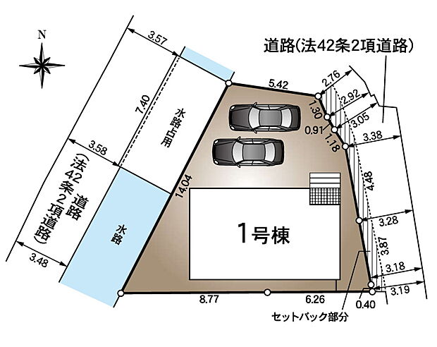 区画図です!両面道路で陽当り良好!駐車スペースゆとりの2台ございます!