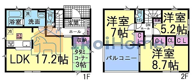 LDK17.2帖、畳コーナー有りの4LDKの間取りになります。全室収納付き、ワイドバルコニーです！