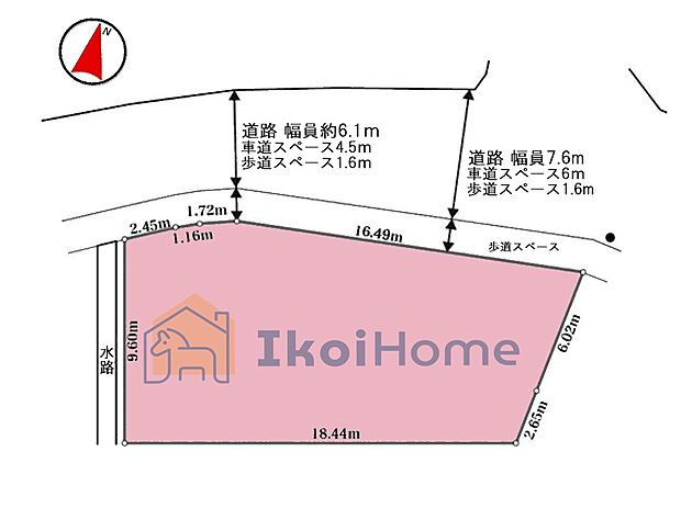 区画図です。前面道路は6M幅で広々しています。駐車がし易く、車の対面のすれ違いも楽にできます。