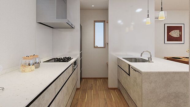 ■5号地キッチン（パース）キッチン内にはキッチンクロークがあります。食料品やキッチン用品を効率的に収納し、キッチンスペースを整理整頓することで使いやすく保つことができます。