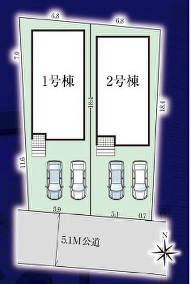 前面道路の幅員は5.1ｍでゆとりをもって駐車していただけます♪
１号棟　２９９９．５万円
２号棟　２９９９．５万円

