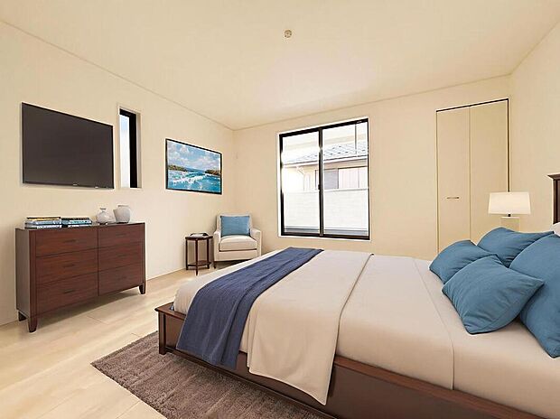 主寝室は広々とした9帖。通風・採光にも優れ、心地よい光と風があふれています。 新築戸建でなければ体感できないひとときをご体感頂ける筈です。