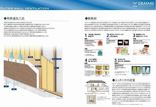 【断熱材・シックハウス対策】壁と天井に高性能グラスウールを使用しており、不燃のガラスを主原料としているため、
避難時の安全確保にも有効な建築材料です。さらに健康被害に配慮したもっとも安全性が高い
「F☆☆☆☆」相当の建材を採用しています。
