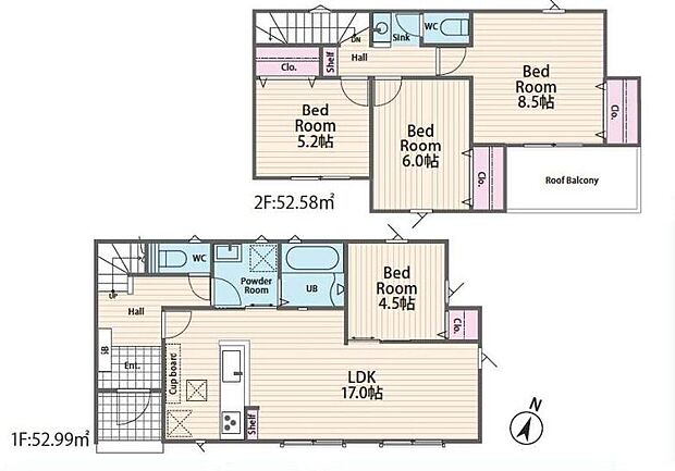 【4LDK】１７帖の広々リビング♪４．５帖の洋室が隣接しておりリビングと一体利用が可能です☆洗面～浴室にリビングからアクセスでき家事動線良好◎急な天候変化にも安心なインナーバルコニー付き☆