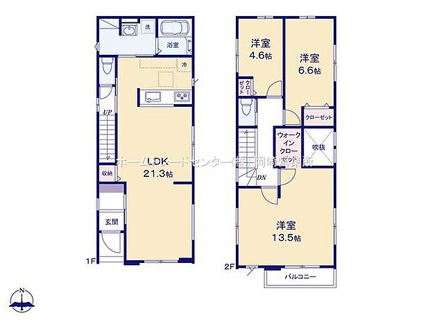【3LDK】２１．３帖の広々LDK♪家族みんなでゆったり過ごせます！リビングから洗面～浴室へアクセスできる家事動線良好な間取り♪☆２階に間仕切り可能な洋室有り♪ライフスタイルに合わせて４LDKとして使用も可能です