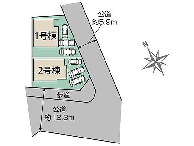 【区画図】全２棟☆角に面しており見通しも良いです♪駐車は車種により３台可能！