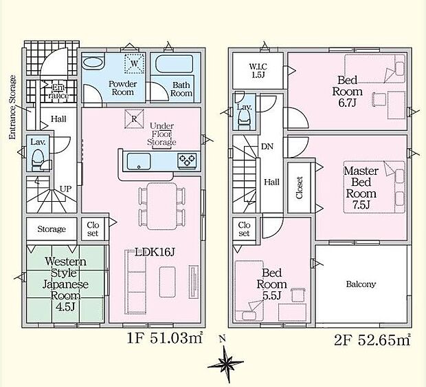 【4LDK】１６帖超のリビングには４．５帖の洋風和室が隣接☆フチなしタタミでお手入れも楽です♪２階はウォークインクローゼット有り！季節ものもまとめて保管できます♪急な天候変化にも安心なインナーバルコニー仕様♪