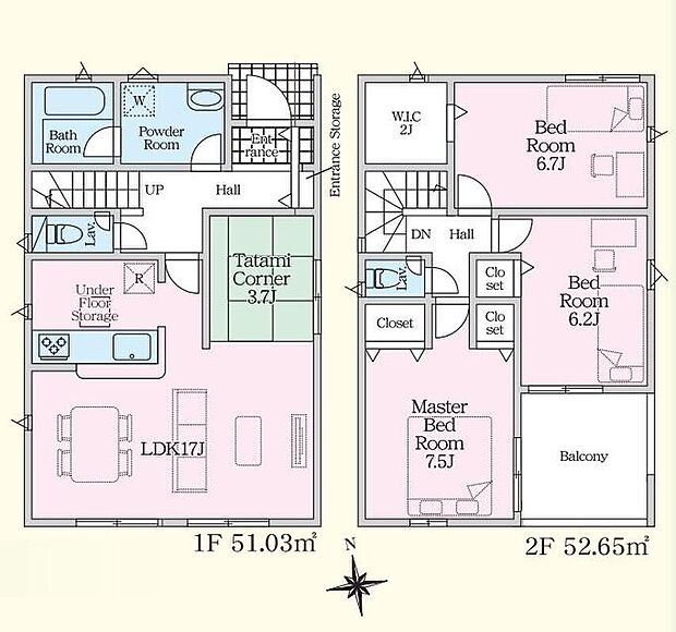 【3LDK】１７帖のリビングにタタミコーナーあり！フチなしタタミでお手入れも楽です♪２階居室は全て６帖以上！一人一人がゆったり過ごせます♪急な天候変化にも安心なルーフバルコニー有り☆