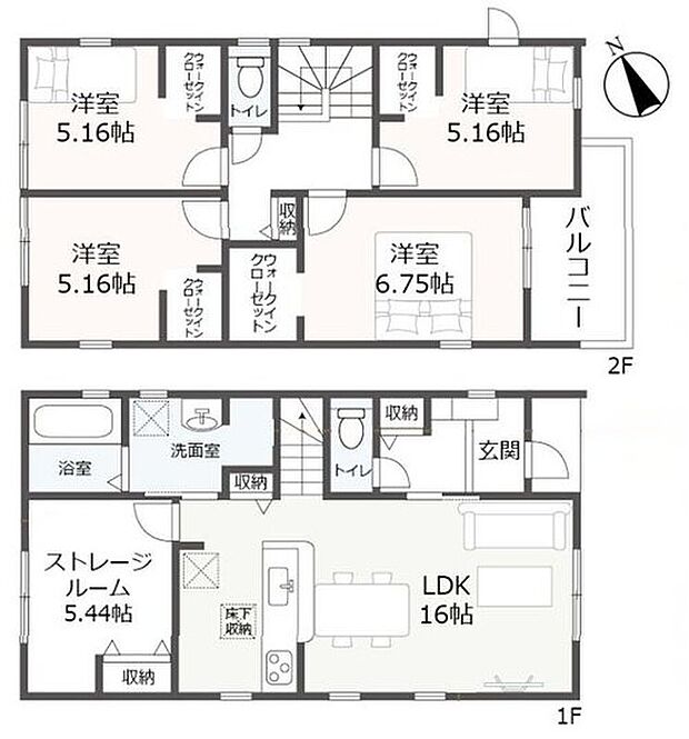 【4LDK+S】１６帖のリビングにはストレージルーム隣接！多目的に使用できます♪洗面室が広めでタオル類の整理整頓に役立ちます☆２階には４部屋あり、各居室にウォークインクローゼットが完備♪