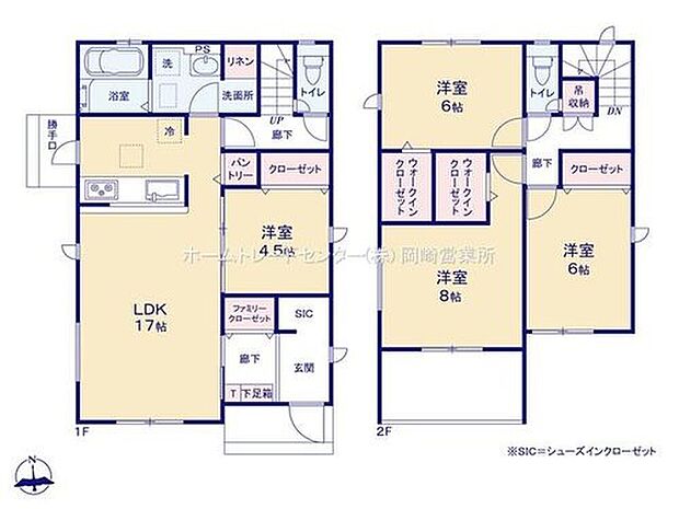 【4LDK】17帖のリビングには4.5帖の洋室が隣接♪リビングと一体利用が可能です♪リビングから洗面~浴室へアクセスでき家事動線も良好です☆ウォークインクローゼット2か所!季節ものもスッキリ片づけられます