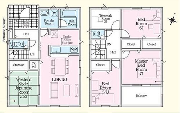 【4LDK】15帖のリビング横には、来客時に便利な5.2帖の和室☆2階にはテレワークルーム完備♪全居室収納完備◎