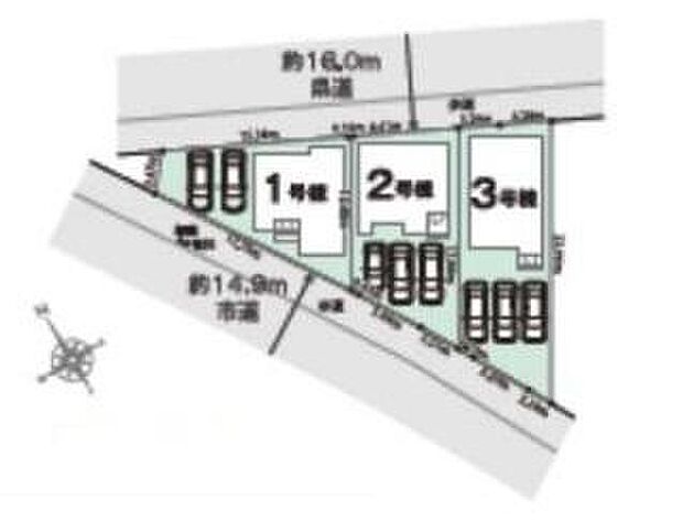 【全体区画図】全３棟！道路に挟まれた立地で見通し、日当たり良好です♪
