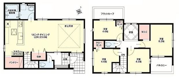 【4LDK】◇家族みんなでゆったり過ごせる広々とした２３帖以上のリビング！洗面～浴室へそのままアクセスでき家事動線良好な間取りです◎吹き抜けもあり解放感があります♪◇フラットルーフ＋バルコニー有り☆
