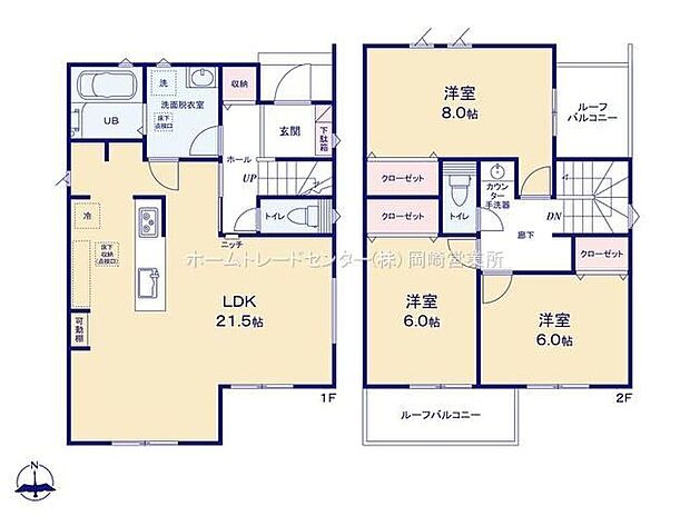 【3LDK】折り上げ天井のある開放感あふれるリビングは広々21帖以上♪リビングから洗面~浴室へアクセスできるので家事動線良好です◎2階居室は全て6帖以上でゆったり過ごせます♪