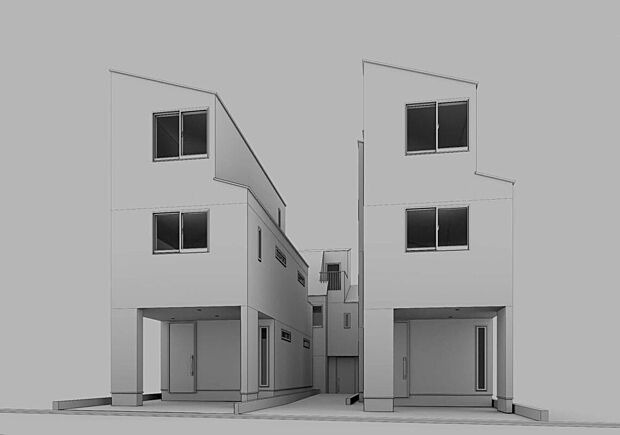 【完成イメージパース】堂々と存在感を放つ全3棟。注文住宅を彷彿とさせる、煌びやかな外観。お家のクオリティーに圧倒されます。