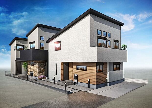 【完成イメージパース】2階建てのすっきりとした外観デザインが魅力。スタイリッシュかつ開放感のある住まいです。