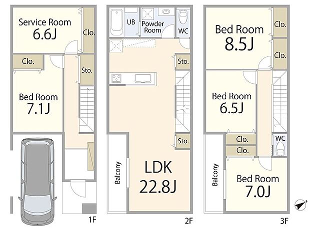 【3階建て参考プラン】建物プラン例:建物価格2500万円、建物面積155.72m2