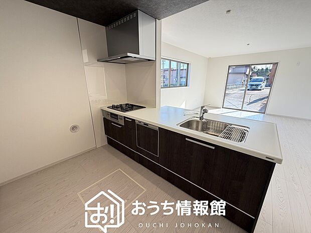 【現地写真(キッチン)】収納たっぷりのシステムキッチン、浄水器付水栓を標準装備しています。