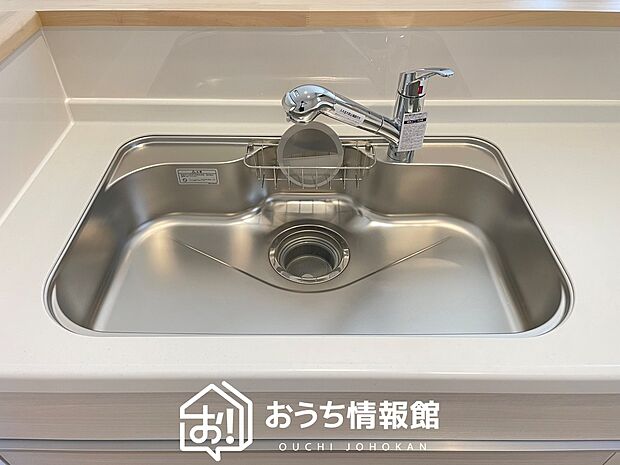 【浄水器内臓ハンドシャワー付シンク】広々とした凸型シンクに洗剤ポケットを標準装備。すっきり収納できます。
また、蛇口の先端に浄水器を内蔵しているため場所をとりません。