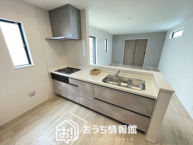 【現地写真(キッチン)】収納たっぷりのシステムキッチン、浄水器付水栓を標準装備しています。
