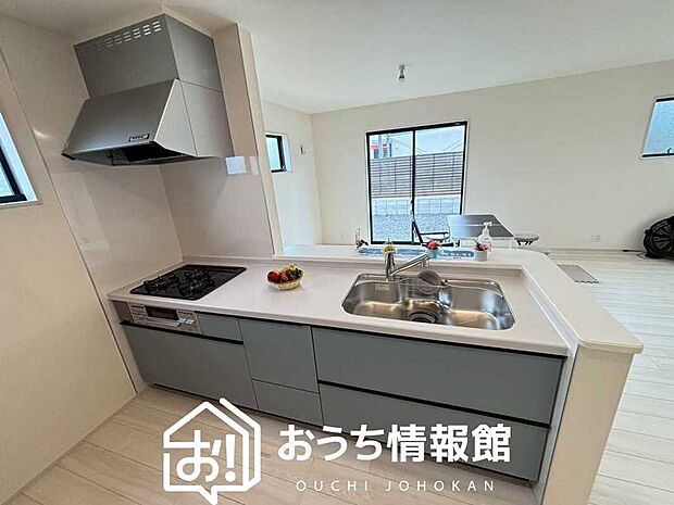 【現地写真(キッチン)】収納たっぷりのシステムキッチン、浄水器付水栓を標準装備しています。
