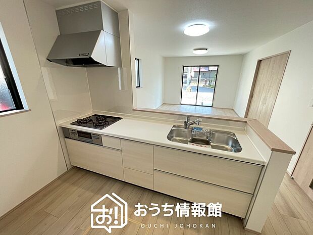 【現地写真(キッチン)】収納たっぷりのシステムキッチン、浄水器付水栓を標準装備しています。