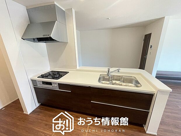 【現地写真(キッチン)】収納たっぷりのシステムキッチン、浄水器付水栓を標準装備しています。