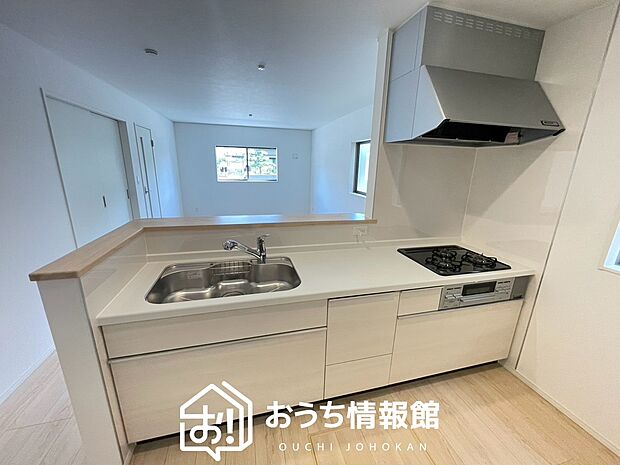 【現地写真（キッチン）】収納たっぷりのシステムキッチン、浄水器付水栓を標準装備しています。