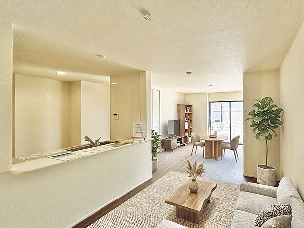 【LDK 15.5帖：2号棟】
カウンターキッチンや水回り集約設計など、生活に優しい工夫がされた設計で暮らしやすさを考慮した造り。
