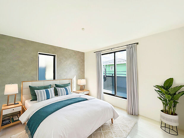 【【建物プラン例：Room】】アクセントクロスでおしゃれな空間。
デザイン性だけでなく、空間の広がりも感じられる設計となっています。
建物面積：99m2～｜建物参考価格：1903万円