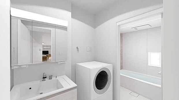 【【施工例：Wash Room】】機能美とデザイン性を両立させた3面鏡付の洗面化粧台。視覚的に広がり感を持たせるだけでなく、機能的にも優れています。