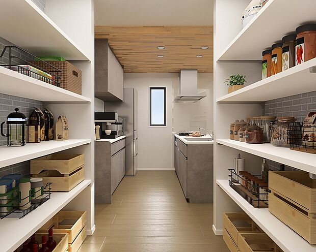 【【パントリー】】常温保存が可能な食料品や調味料、食器、消耗品、日用品などをストックしておくことができます。また、収納スペースが確保できることで、キッチン周りが散らからず、使いやすい環境を保てます。