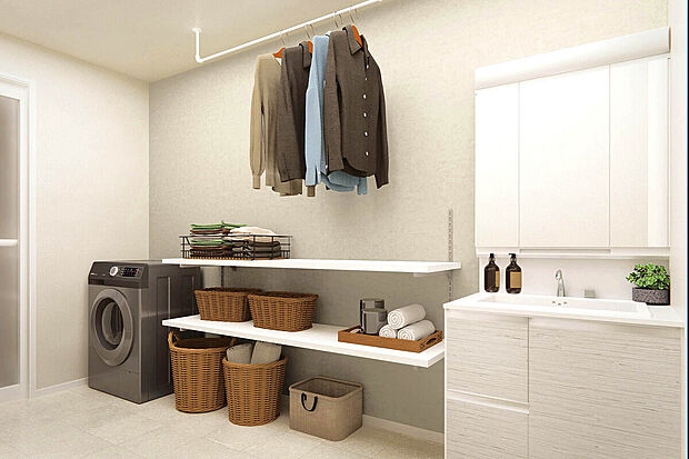 【【建物プラン例:Wash Room】】機能美とデザイン性を両立させた3面鏡仕上げの洗面化粧台。
毎日利用する洗面脱衣場はシンプルで清潔感のある空間。