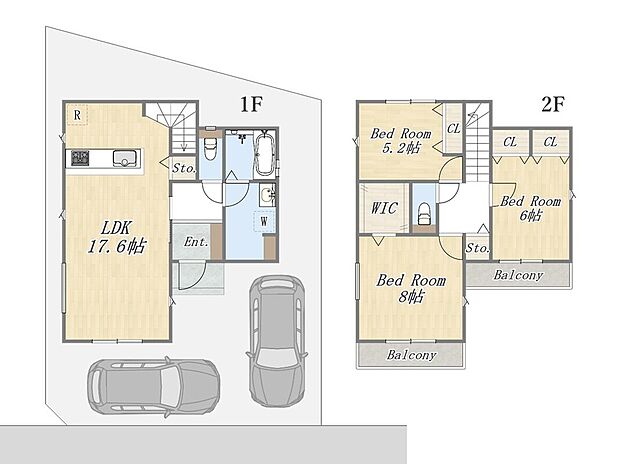 【【参考プラン:1号地】】Plan:3LDK+WIC+カースペース2台
建物面積:94m2
建物参考価格:1903万円