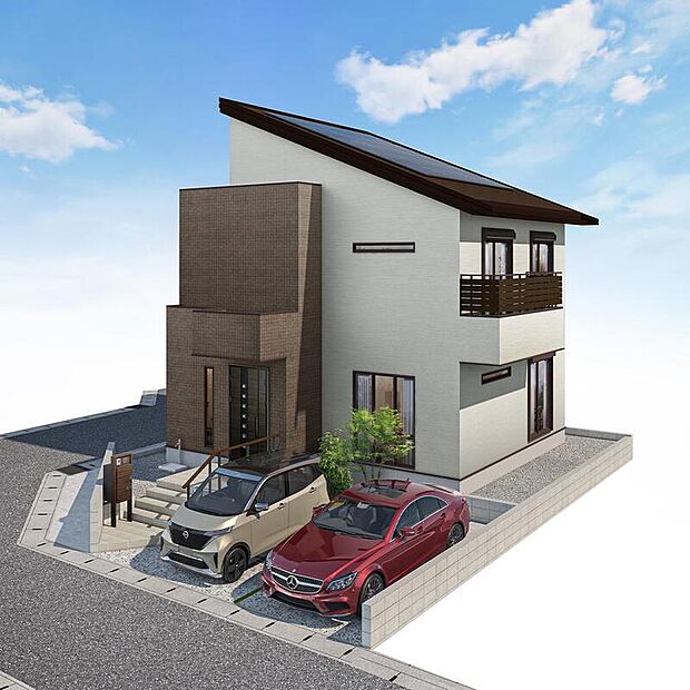 【【完成予想図(2号棟)】】建物面積30坪超。片流れ屋根がスタイリッシュな「3LDK」。ソーラーパネル6.825kW搭載。防犯性の高い電動シャッターを採用しています。