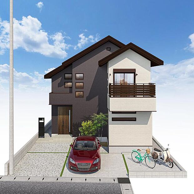 【【完成予想図(4号棟)】】ツートンカラーの外観デザインが印象的な「3SLDK」。納戸は日用品の買い置き、季節家電の収納などに活用可能。