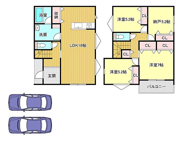3LDK＋S　土地面積：159.66ｍ2　建物面積：102.67ｍ2　駐車スペース2台