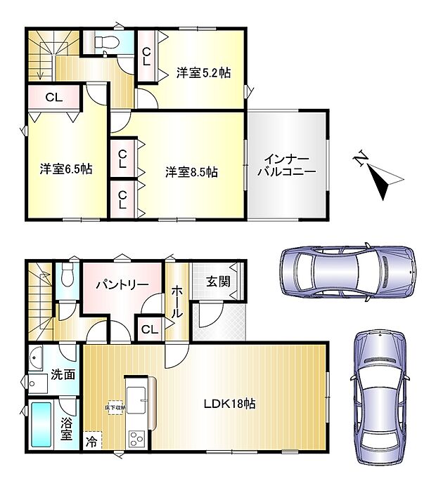 1号棟 3LDK+パントリー 土地面積:141.95m2 建物面積:107.73m2 駐車2台可
