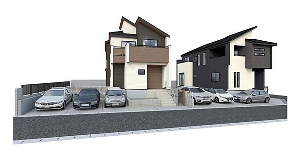 【完成予想図】
※２号棟側から　　アクセントカラーがぱっと目をひくシンプルシックでおしゃれな外観♪お客様に合った資金計画書の作成や近隣の完成物件のご紹介も可能です♪