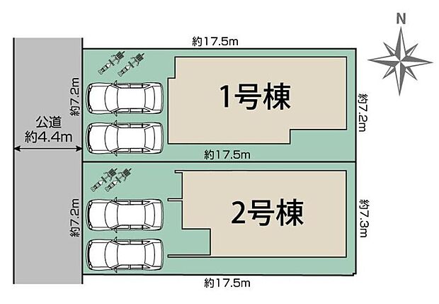【区画図】
カースペースは2台分♪家族分の自転車を駐輪したり、来客用の駐車スペースとしてもお使いいただけます♪空いたスペースには、花や緑で彩るガーデニングもオススメです♪