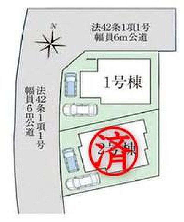 ≪全体区画図≫
全2棟☆カースペース２台分ございます（車種によります）ので、家族分の自転車を駐輪したり、来客用の駐車スペースとしてもお使いいただけます♪