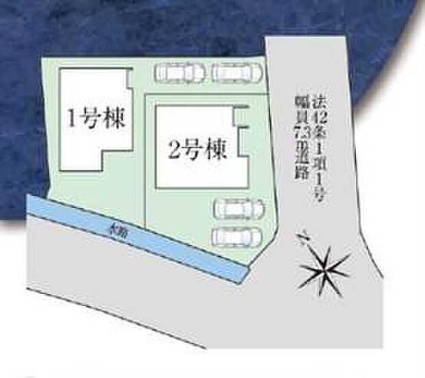 【区画図】
全2棟♪カースペース2台分ございますので、家族分の自転車を駐輪したり、来客用の駐車スペースとしてもお使いいただけます♪