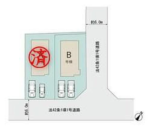 【区画図】近鉄けいはんな線「学研北生駒」駅まで徒歩10分♪カースペース２台分ございますので、家族分の自転車を駐輪したり、来客用の駐車スペースとしてもお使いいただけます♪