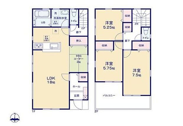 【3LDK】プールやおうちカフェも楽しめる約6帖のワイドバルコニー♪
お子様のお昼寝スペースにもピッタリ畳コーナー!
各階ホールの収納で掃除用具や季節物も片付く♪
リビングを見渡しやすいカウンターキッチン!