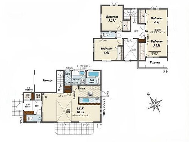 【3LDK】LDKは、暮らしにゆとりと安らぎを与える開放感いっぱいの上部吹き抜け♪勝手口も♪水回り集中で、家事動線良好♪
収納豊富！玄関スペースに、土間収納＆備蓄倉庫♪3か所の可動棚4段付きスペースも♪
