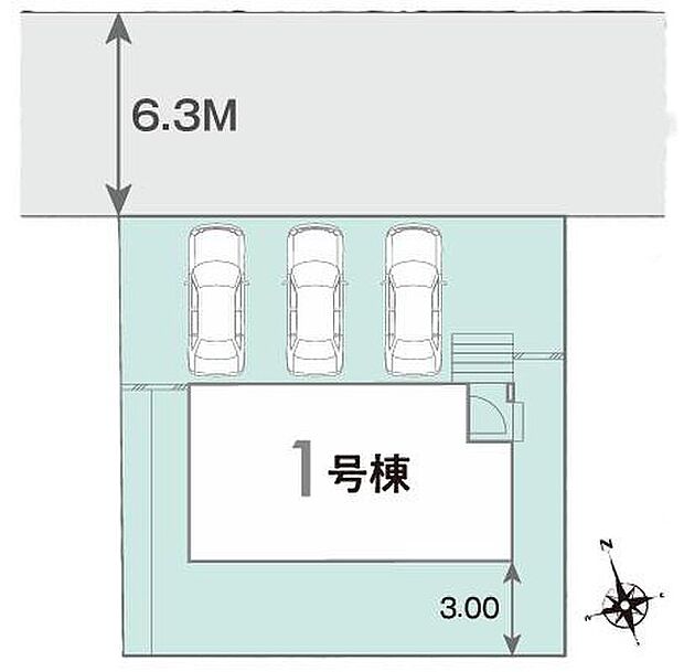 【全体区画図】前面道路は6.3ｍと広々！カースペースは3台分ご用意ございます♪家族分の自転車を駐輪したり、来客用の駐車スペースとしてもお使いいただけます♪空いたスペースには、花や緑で彩るガーデニングもオススメです♪