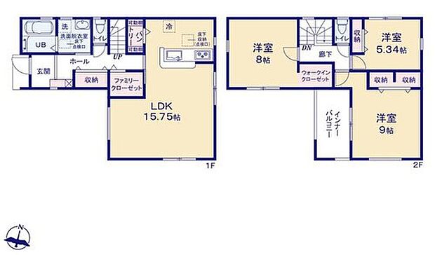 【3LDK】◆まとめ買いしても大丈夫な収容量！2つの可動棚付きキッチンパントリー♪
◆衣類等とお掃除グッズ等を分けて収納できる！1階廊下に、ファミリークローゼット＆収納スペース♪
◆広々インナーバルコニー付き♪