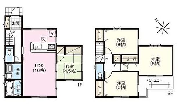 【4LDK】●16帖のリビング横には、ほっと落ち着ける和室も完備☆
●個室のクローゼット、廊下の物入など「使うところにしまえる」を設計！
●2階は全居室6帖以上あり、ゆとりの広さ♪