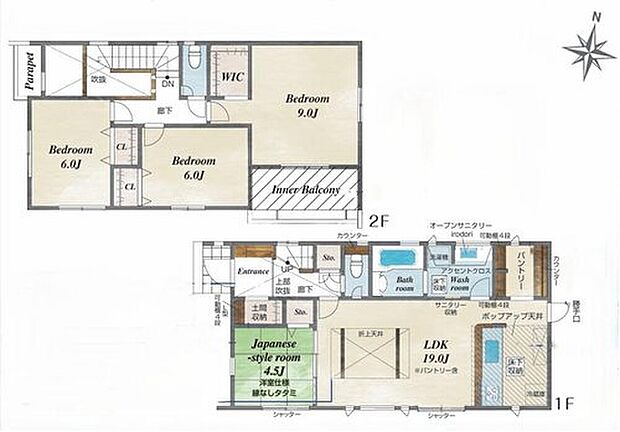 【4LDK】◇まとめ買いしても置き場所の心配いらず！可動棚付きの広々キッチンパントリー♪
◇玄関土間収納＆WIC！全室・廊下に収納♪収納豊富なお住まい♪
◇たたみスペースも♪
◇急な雨にも安心なインナーバルコニー♪