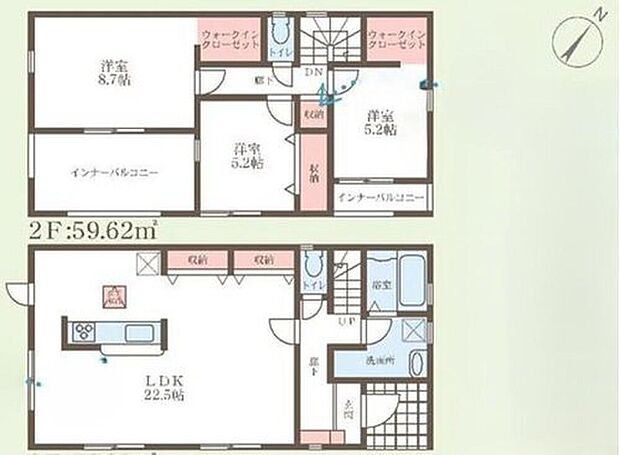 【3LDK】○リビングは広々22.5帖♪
○増えがちな衣類やバッグなどを効率よく収納できます♪８．７帖洋室にウォークインクローゼット♪
○急な雨にも安心なインナーバルコニー♪